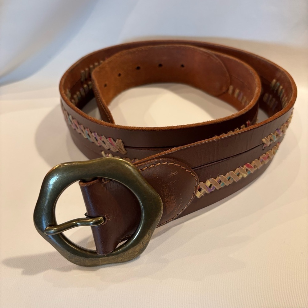 Brown Leather Belt with a Flowers Styled Brass Toned Buckle X Stiched Decorated